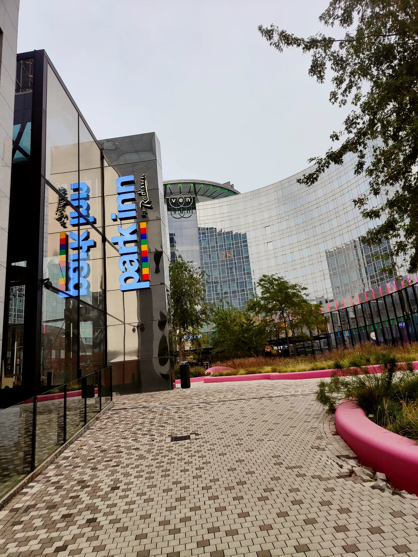 the park inn radisson, pink benches below