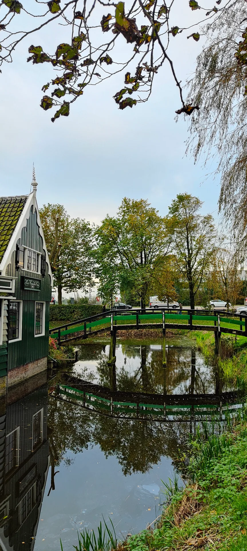 a green footbridge in its own reflection