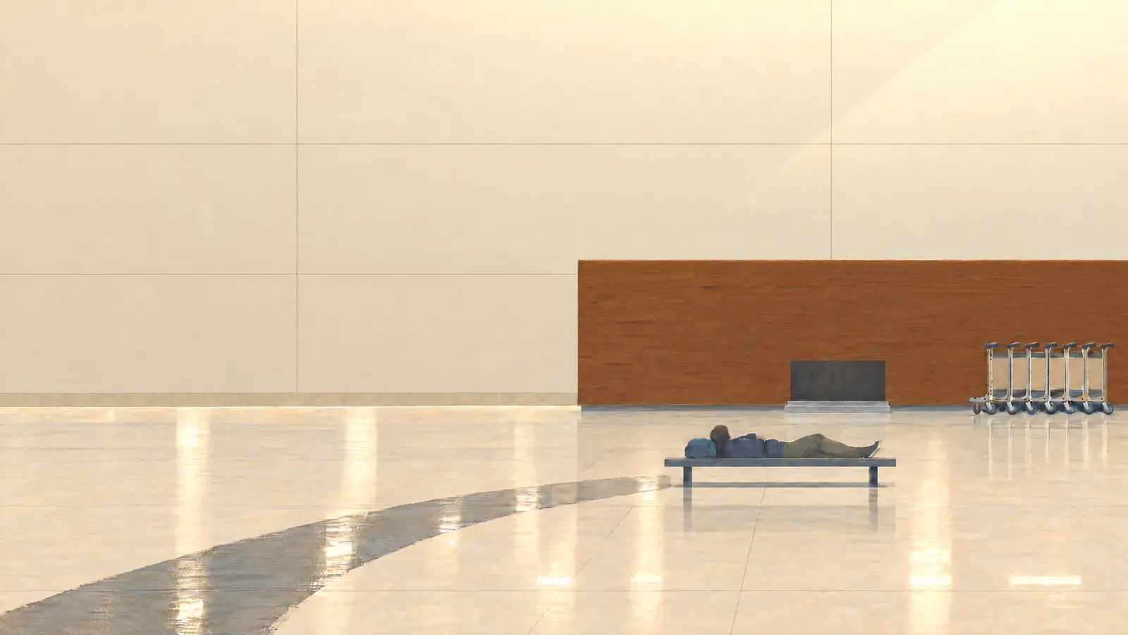 Illustration of a traveller napping on a bench in the empty departures hall of Berlin Brandenburg Airport where a wet trail from a floor scrubber runs right up to him.