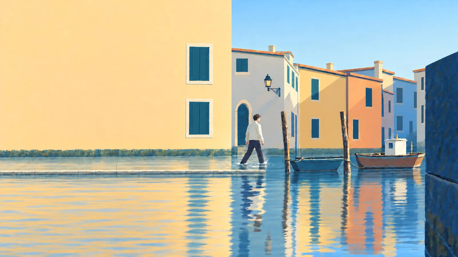 Illustration of a man wading along a flooded walkway beside a narrow canal in Venice at high water with sun on the walls and two boats moored at the posts.