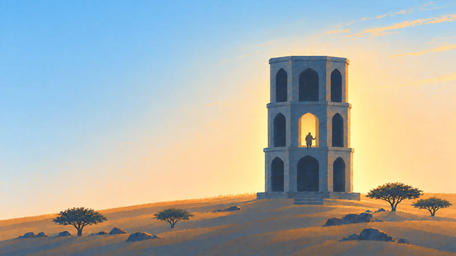 Illustration of Salabat Khan's three-storey stone tomb on a hill above Ahmednagar at sunrise with a person standing in a glowing arch on its second storey.