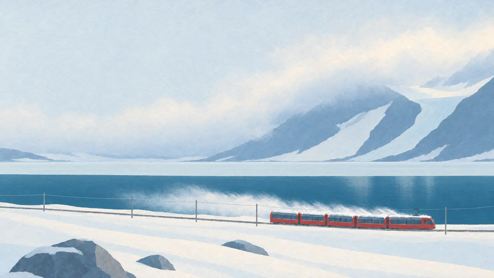 Illustration of a red train running along Lago Bianco on the Bernina Pass in the Swiss Alps with snow blowing off its roofs.