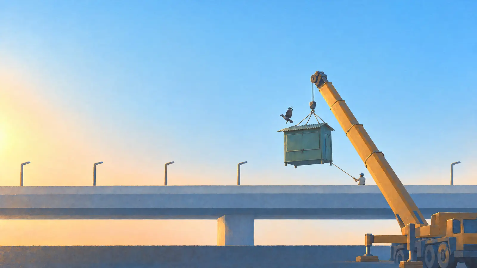 Illustration of a crane lifting a pan shop onto a new flyover in Ahmednagar as a man on the flyover guides it in with a rope and a crow flies off its roof.