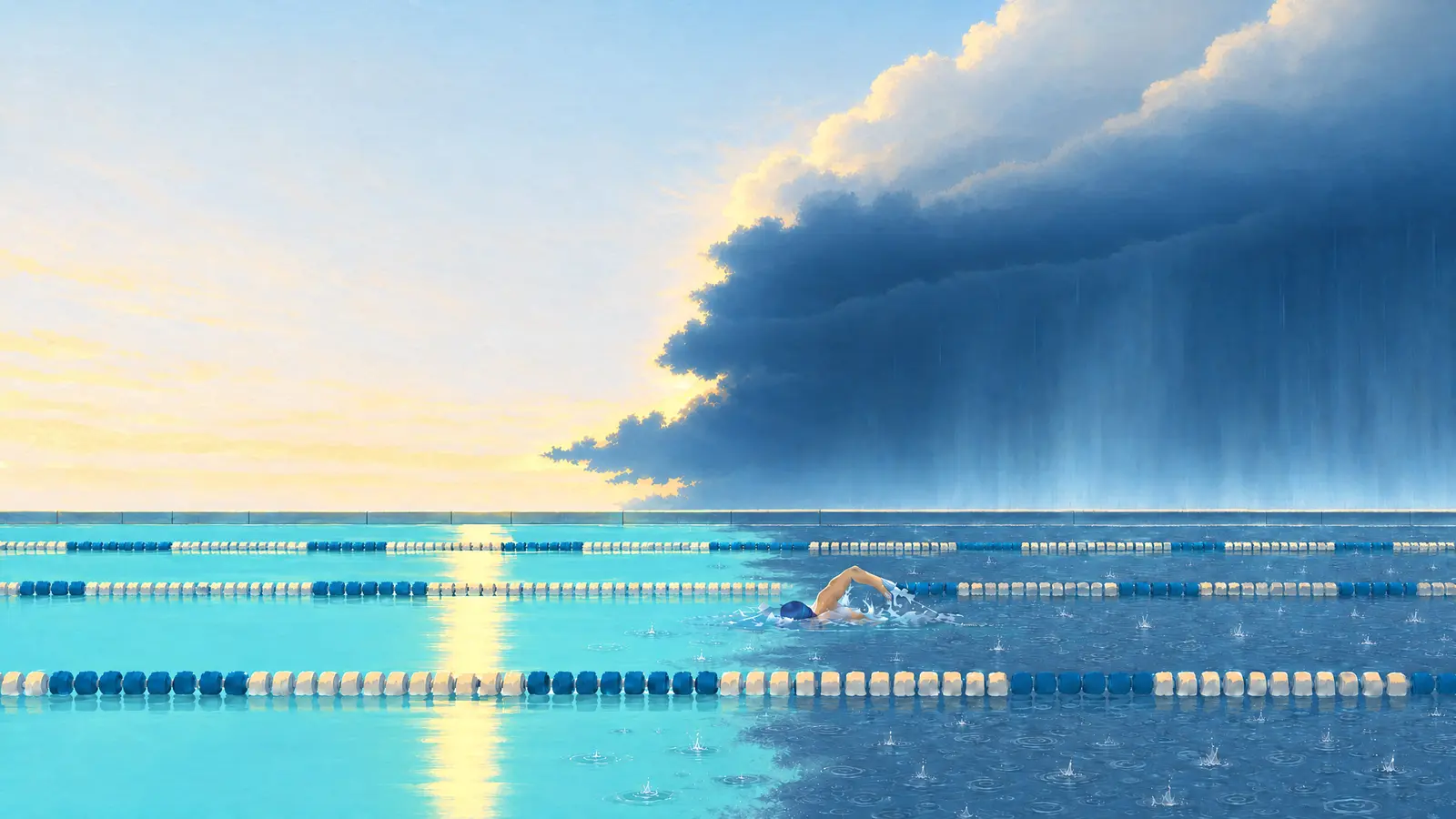 Illustration of someone swimming freestyle in a rooftop pool as a monsoon storm arrives and rain hits half the water.