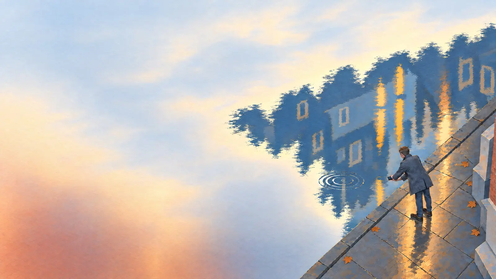 Illustration of a man on Nieuwebrugsteeg in Amsterdam holding his phone out low to photograph the houses reflected upside down in the wet brick street.