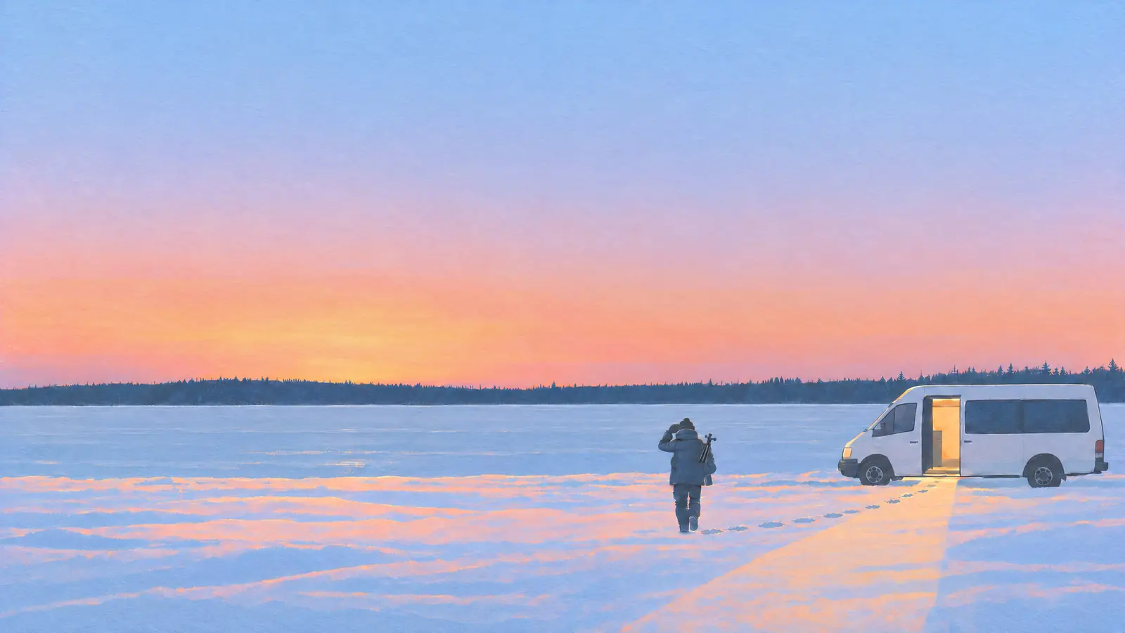 Illustration of a frozen lake in Arctic Finland under a pink sky with a person carrying a tripod walking out onto the ice away from a minibus with its door open.
