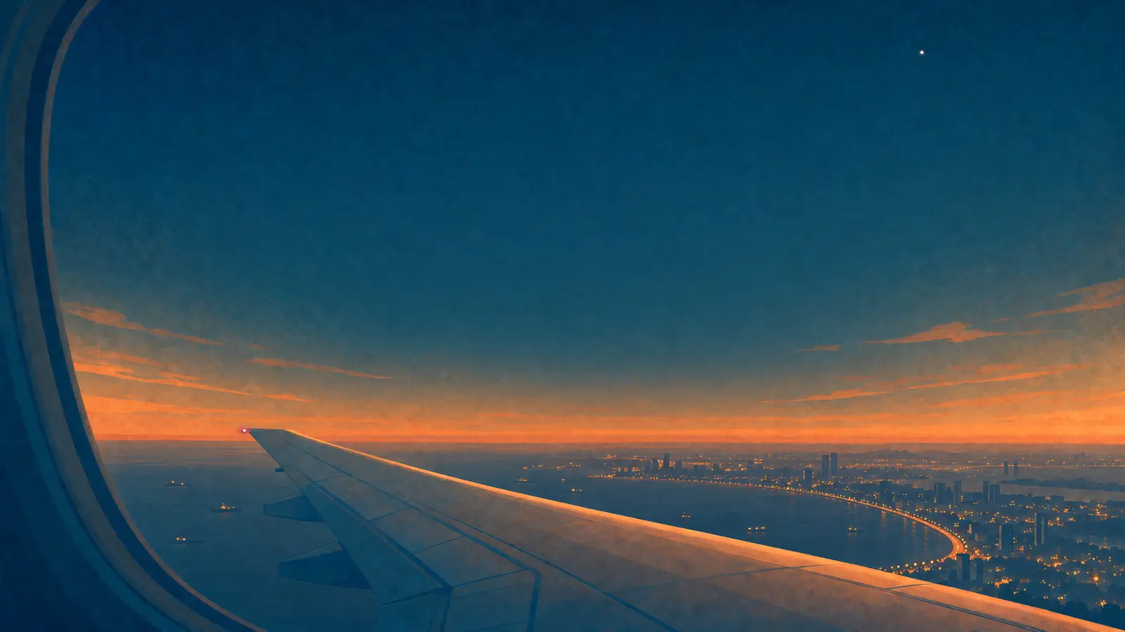 Illustration of the view from an aeroplane window at dusk, the wing over the sea and the lights of Mumbai curving along the bay.