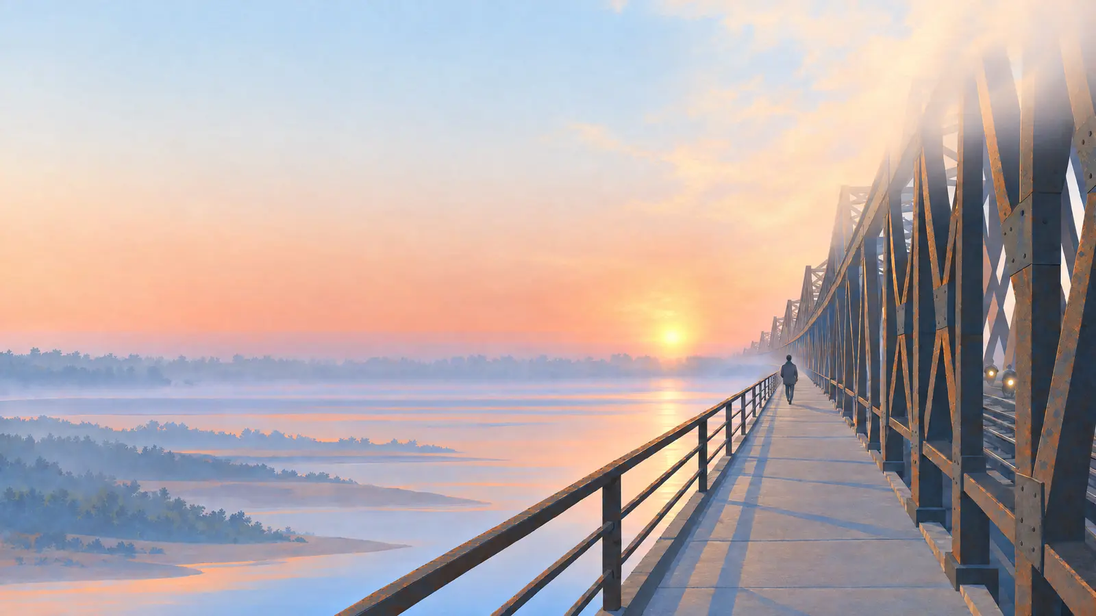 Illustration of a person walking along the footpath of Hanoi's Long Bien Bridge as the sun comes up over the Red River.