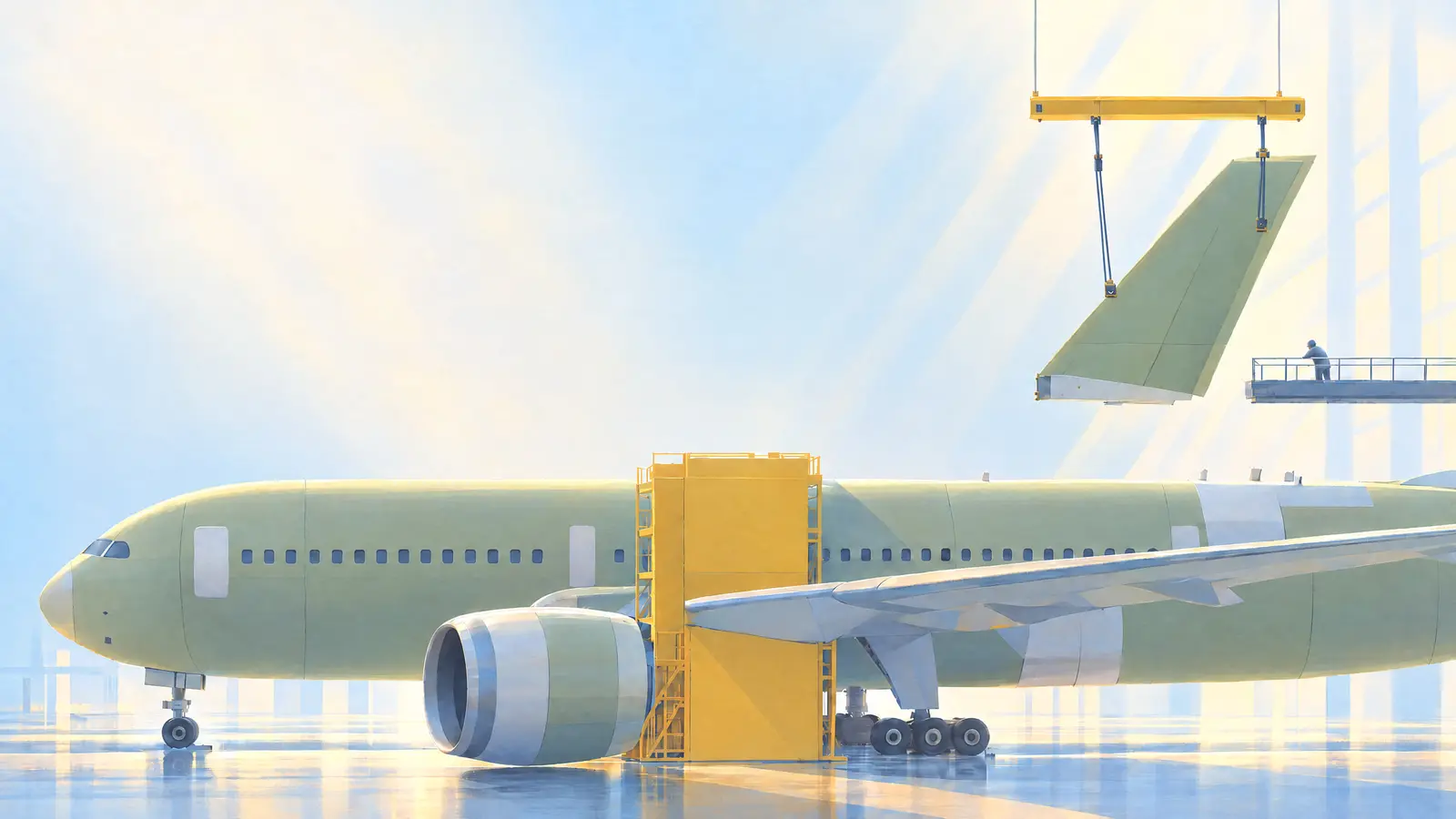 Illustration of an airliner in green primer being built at Boeing's Everett factory with its tail fin hanging from a crane and a visitor at a gallery rail.
