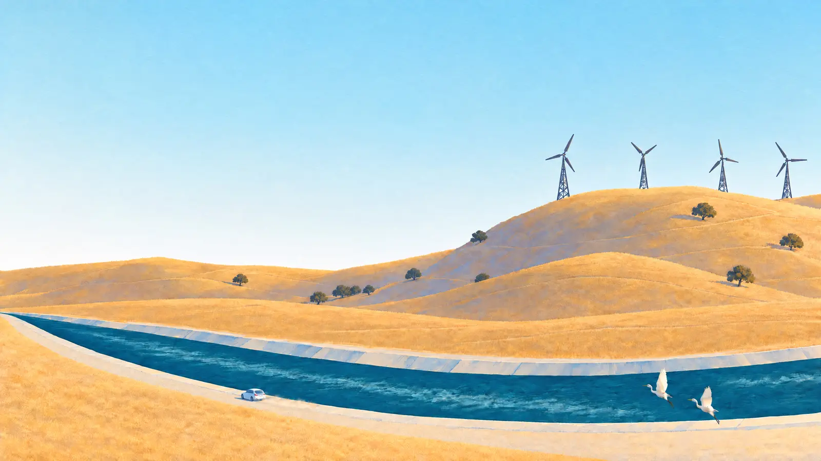 Illustration of the California Aqueduct running through golden hills near the Altamont Pass with old wind turbines on the ridge, a car on the bank and two egrets flying off the water.