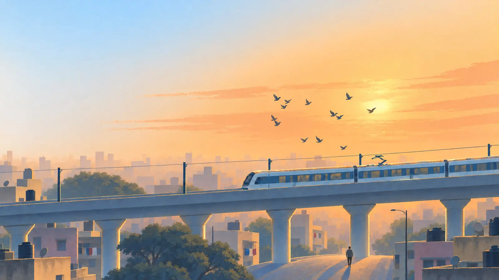 Illustration of the Mumbai Metro on its elevated line near Versova at sunset with pigeons flying over the train and a man walking on the road below.
