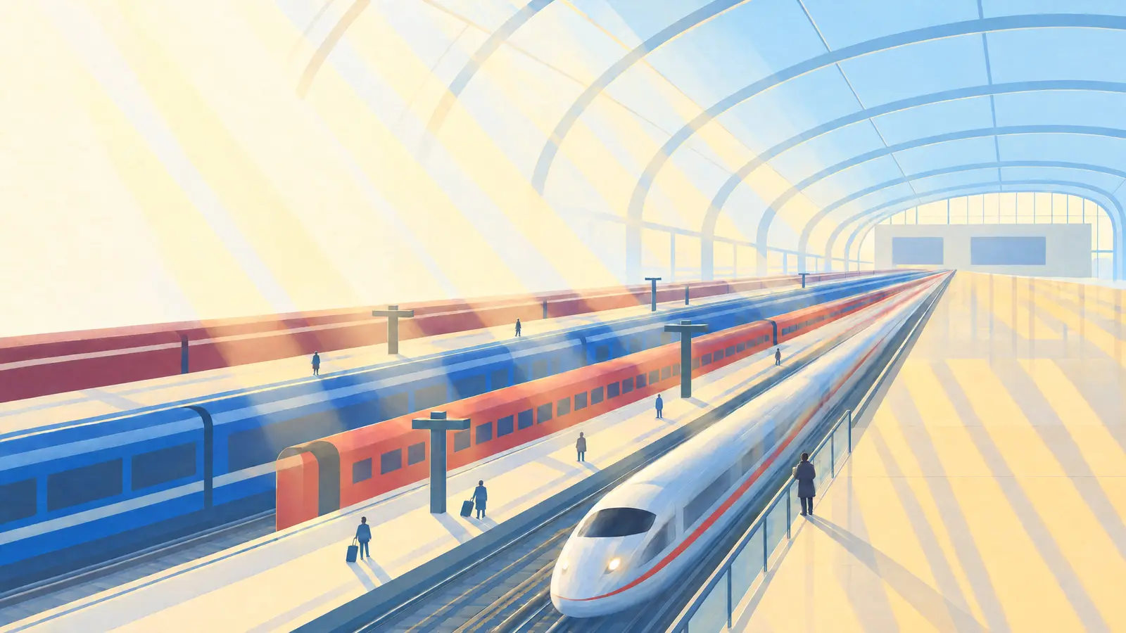 Illustration of Berlin Hauptbahnhof in the morning sun as a white ICE train pulls in and a person with a paper cup stands at the railing.