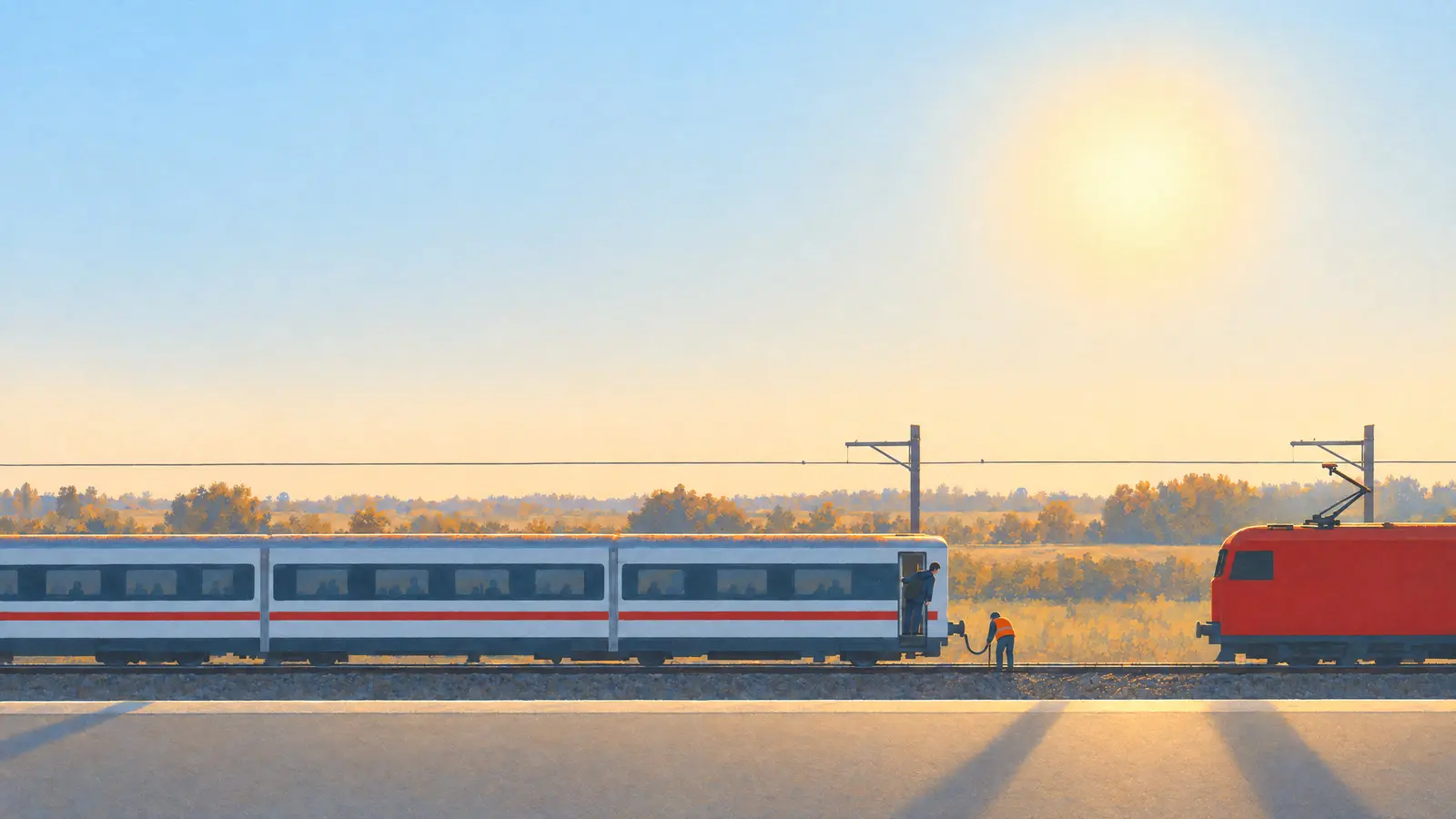 Illustration of a red locomotive uncoupled from its coaches at Bad Bentheim with a worker at the coupling and a passenger leaning out of the door.