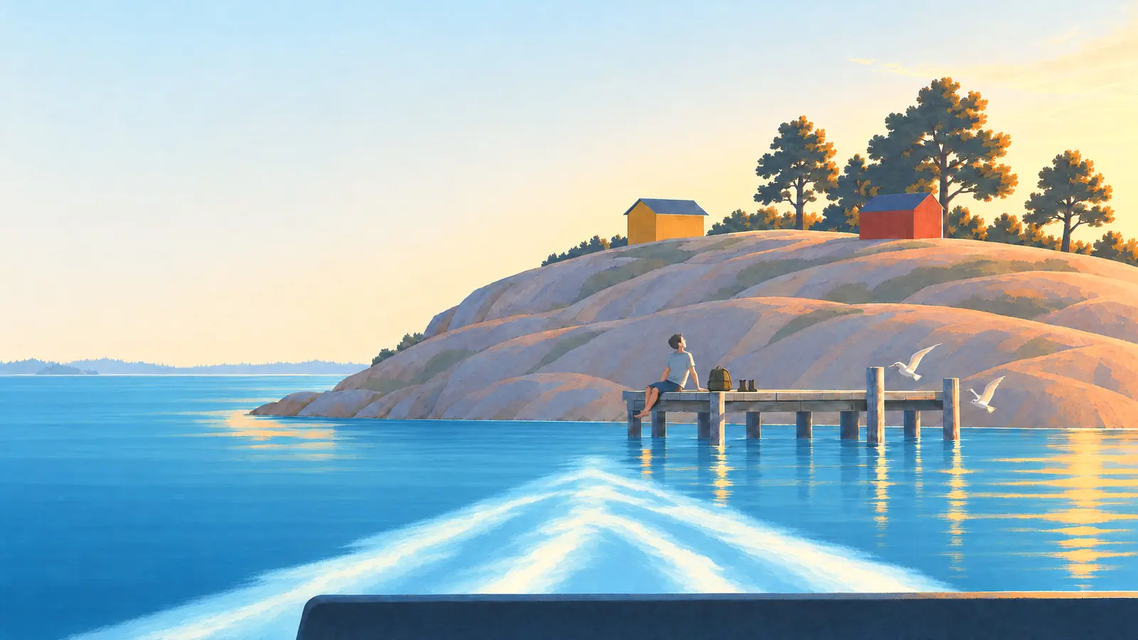Illustration of a small rocky island in the Oslo fjord with a man sitting barefoot at the end of its jetty seen from a departing ferry.