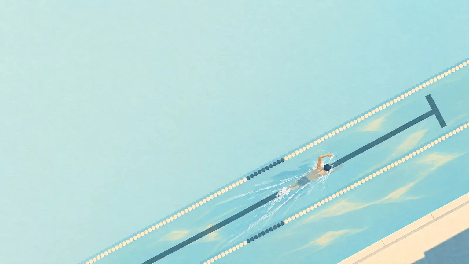 Illustration of a pool in the morning seen from straight above with someone swimming freestyle between the lane ropes.