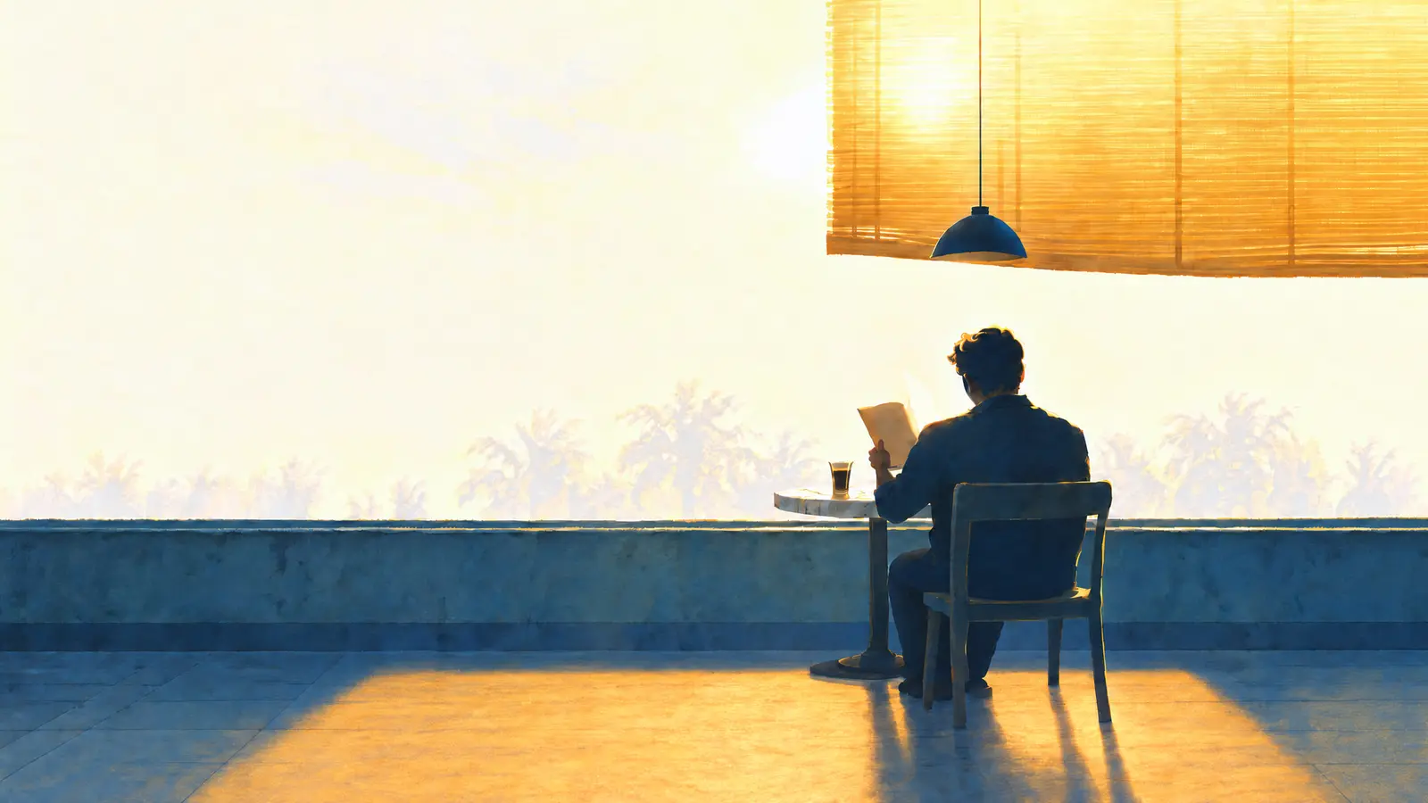 Illustration of a man reading a book at a café table by a big sunlit window with a bamboo blind.
