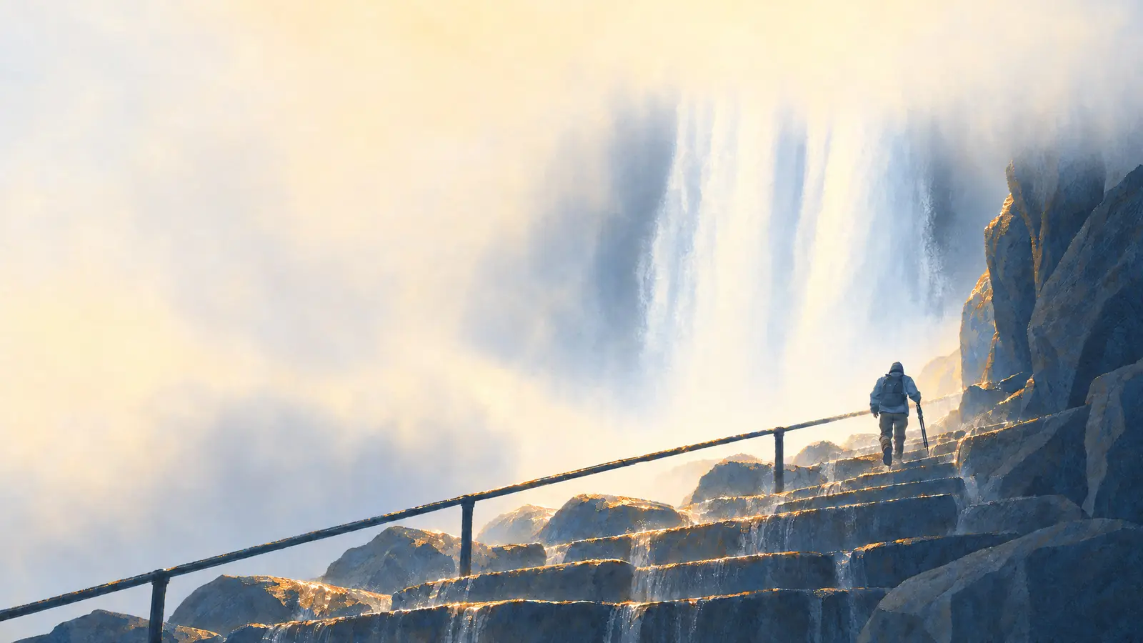 Illustration of a hiker with a tripod climbing the wet granite steps of the Mist Trail beside Vernal Fall in Yosemite.