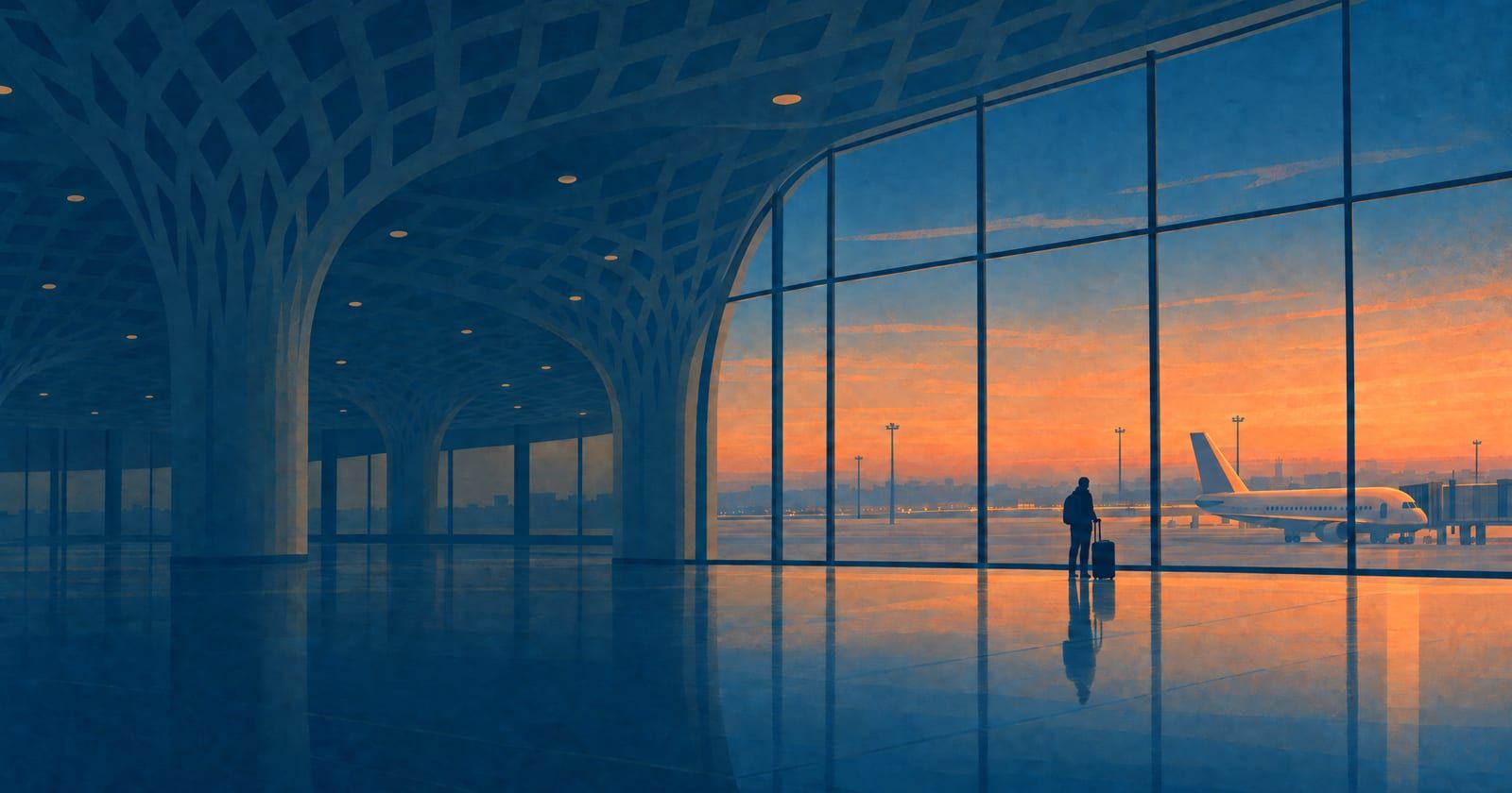 Someone with a suitcase looks out through the glass wall of Mumbai T2 at a plane parked by a jet bridge at dawn.