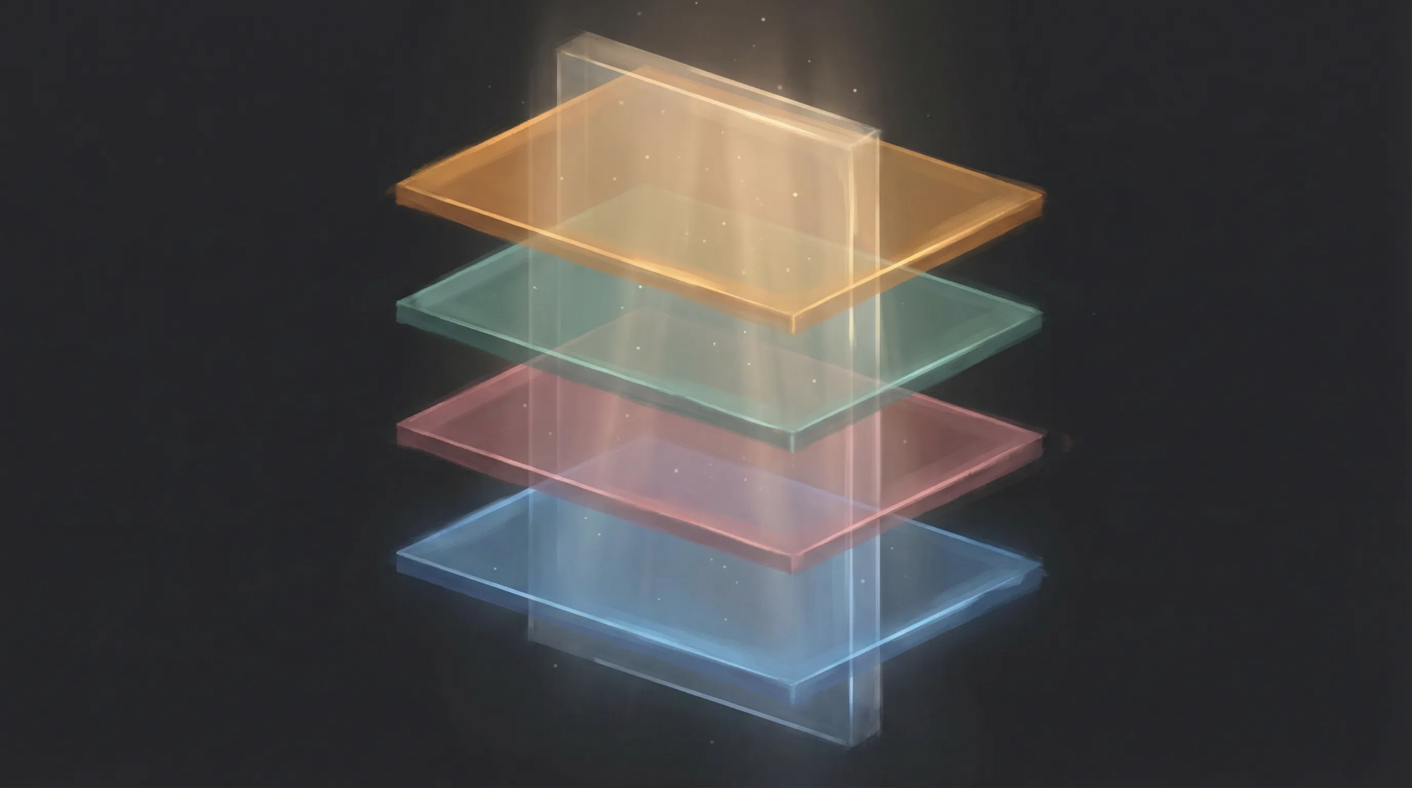 Four translucent layers in amber, teal, rose, and blue, stacking into alignment