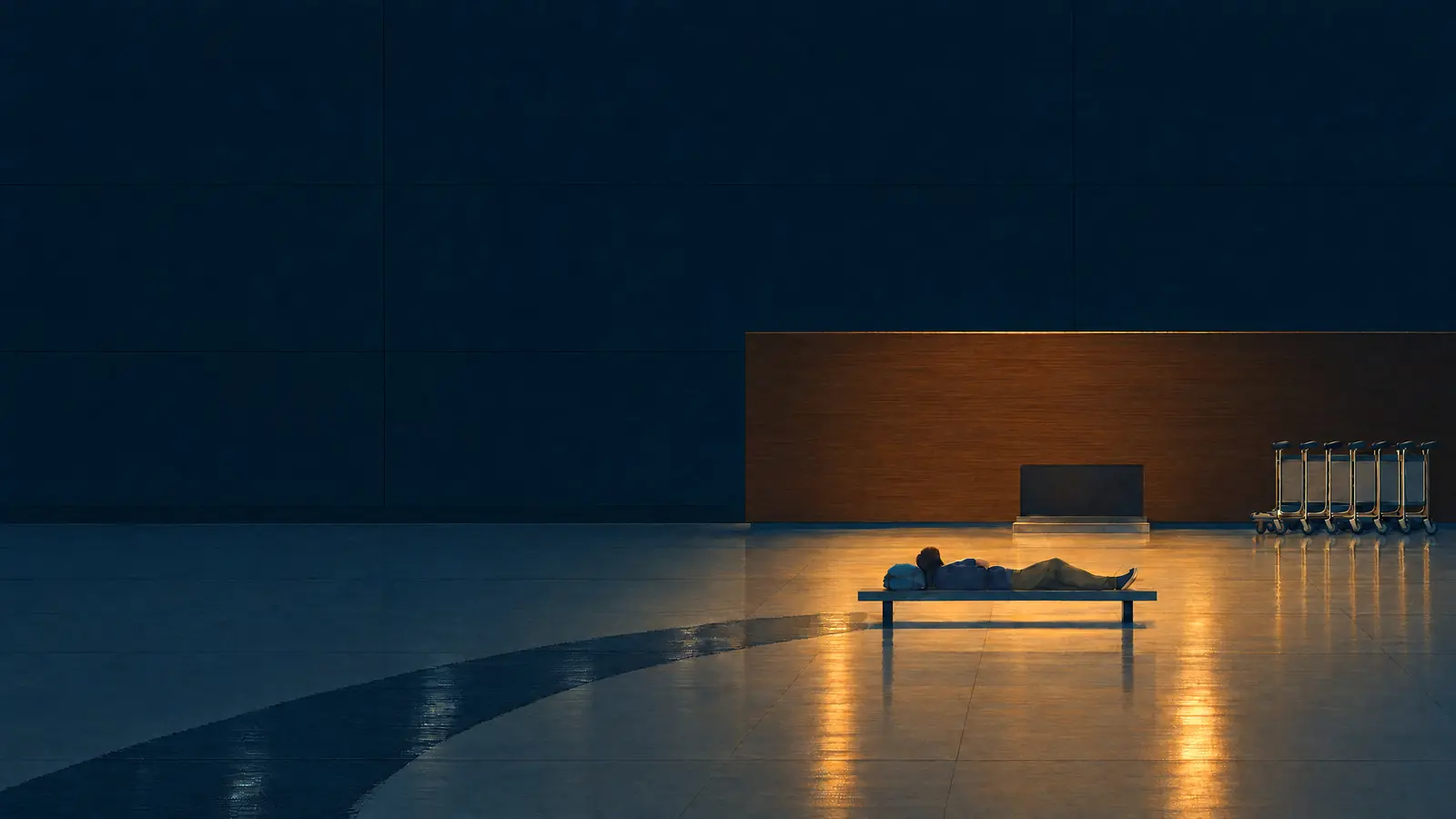 Illustration of a traveller napping on a bench in the empty departures hall of Berlin Brandenburg Airport at night with the lights off except the two over his bench.
