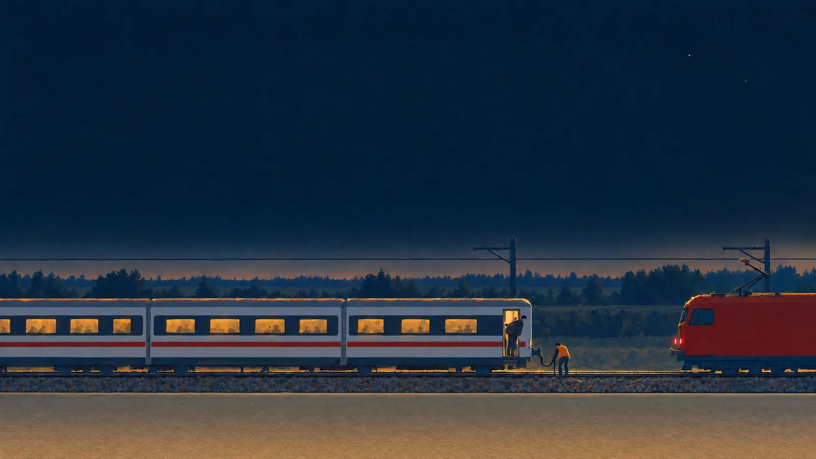 Illustration of a red locomotive uncoupled from its coaches at Bad Bentheim at night with a worker at the coupling and a passenger leaning out of the door.