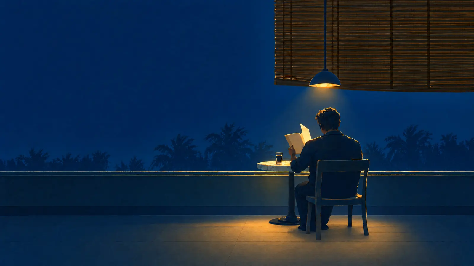 Illustration of a man reading a book at a café table by a big window at night with a lamp switched on above the table.