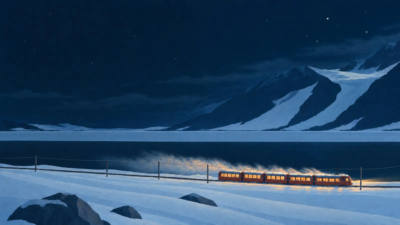 Illustration of a red train running along Lago Bianco on the Bernina Pass in the Swiss Alps at night with its windows lit and snow blowing off its roofs.