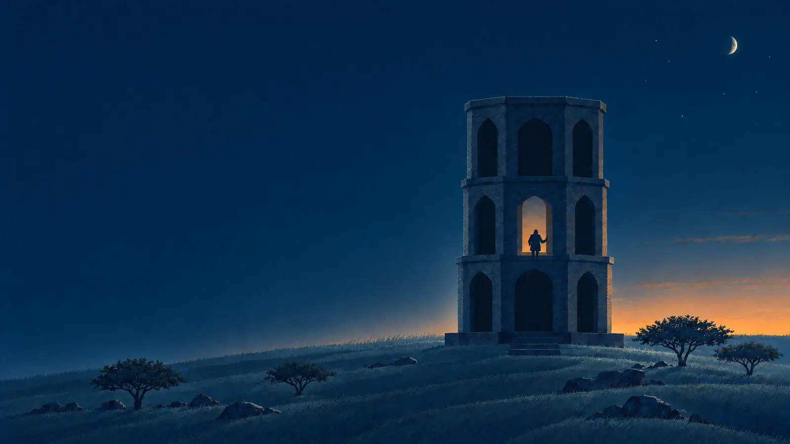 Illustration of Salabat Khan's three-storey stone tomb on a hill above Ahmednagar before dawn with a crescent moon and a person standing in a lit arch on its second storey.