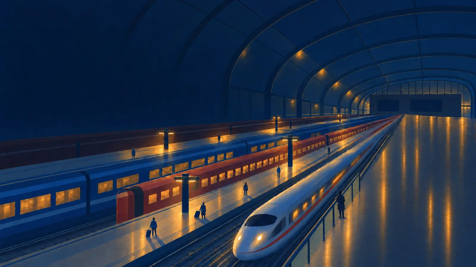 Illustration of Berlin Hauptbahnhof lit up at night as a white ICE train pulls in and a person with a paper cup stands at the railing.
