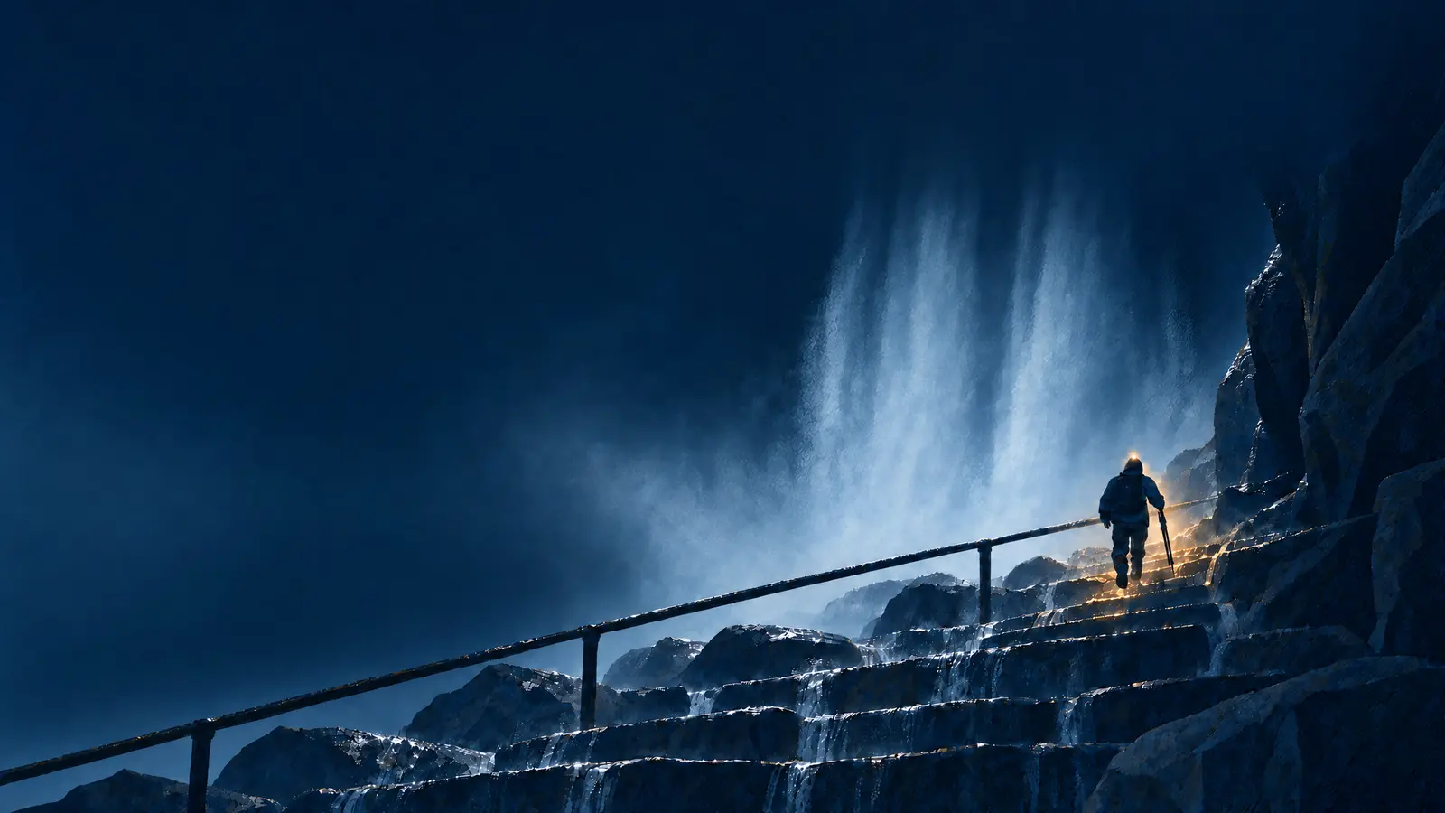 Illustration of a hiker with a head torch and a tripod climbing the wet granite steps of the Mist Trail beside Vernal Fall in Yosemite at night.