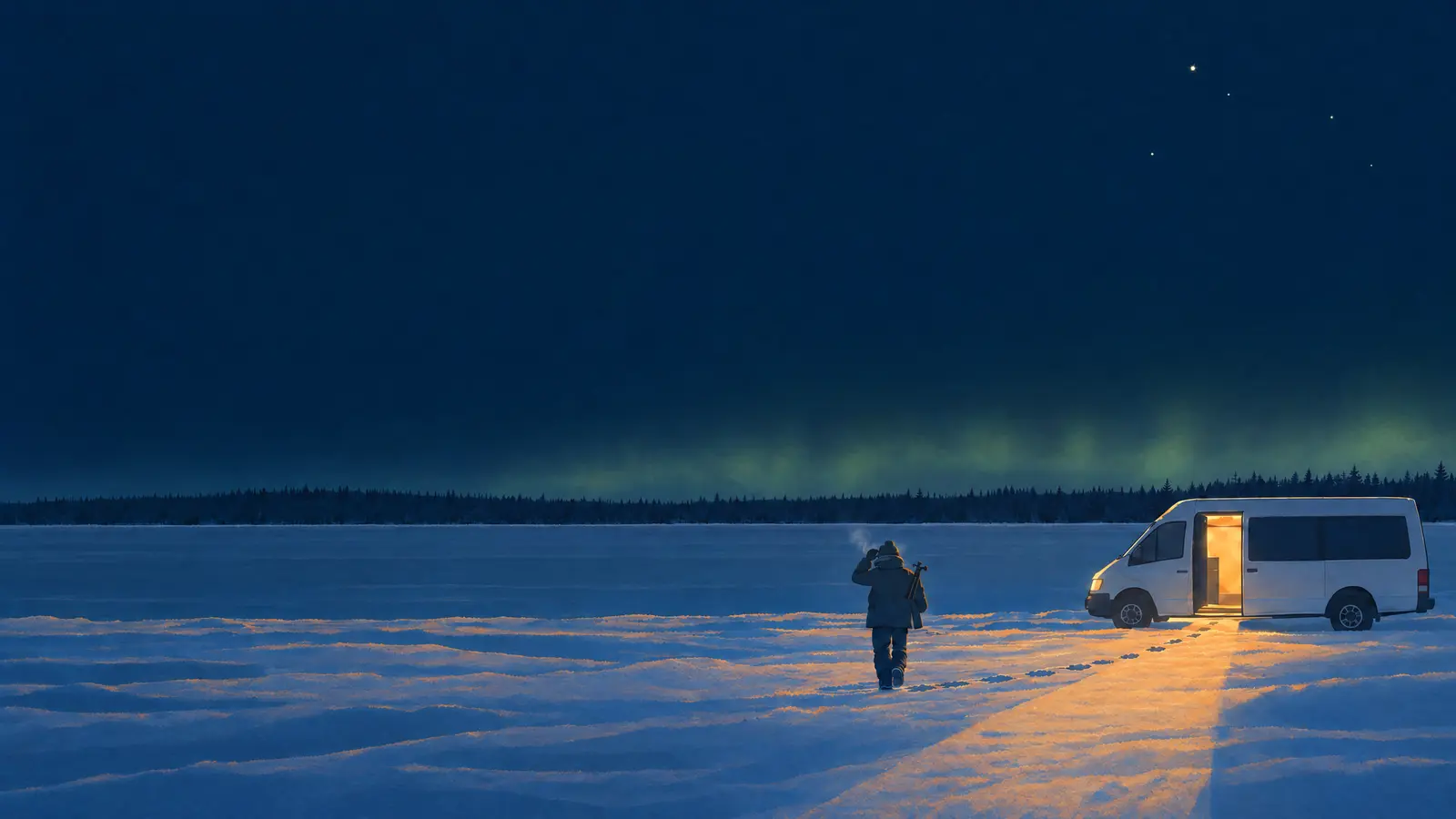 Illustration of a frozen lake in Arctic Finland at night under a faint green aurora with a person carrying a tripod walking out onto the ice away from a minibus with its door open.