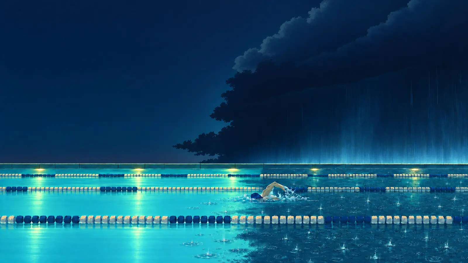 Illustration of someone swimming freestyle in a rooftop pool at night as a monsoon storm arrives and rain hits half the water.