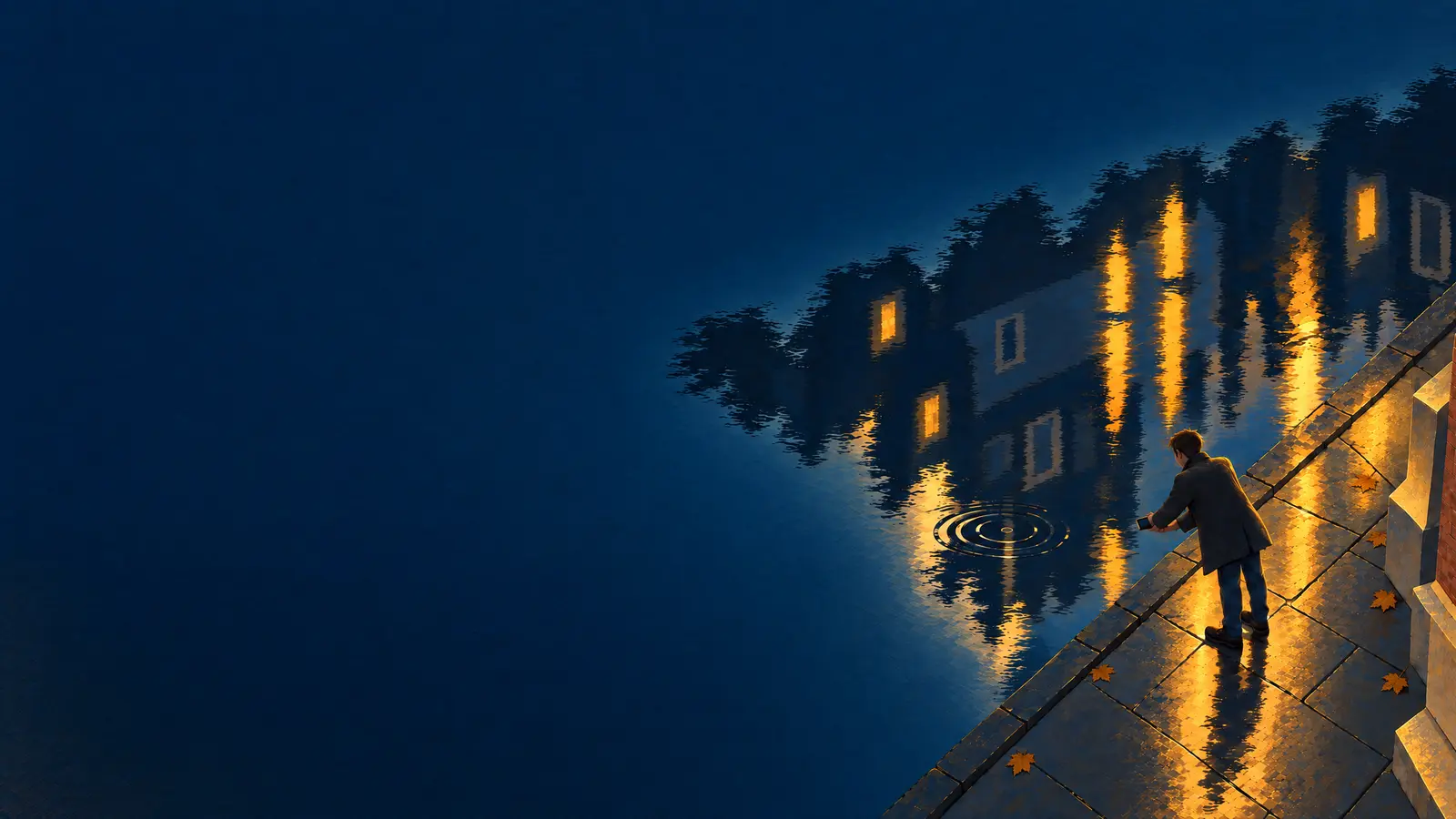 Illustration of a man on Nieuwebrugsteeg in Amsterdam at night holding his phone out low to photograph the houses and their lit windows reflected upside down in the wet brick street.