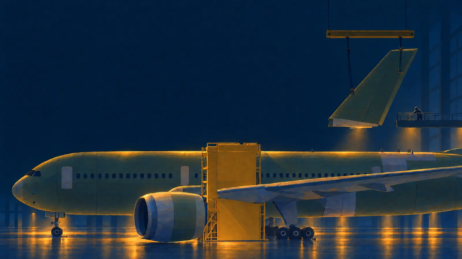 Illustration of an airliner in green primer being built at Boeing's Everett factory at night under amber lights with its tail fin hanging from a crane and a visitor at a gallery rail.