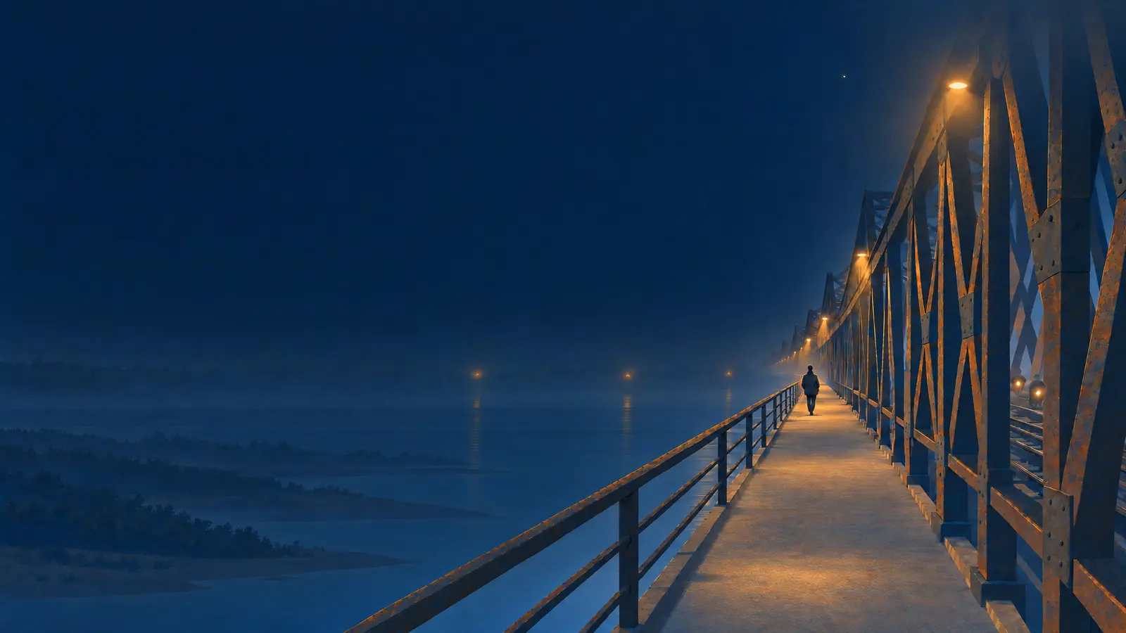 Illustration of Hanoi's Long Bien Bridge at night with lamps on the steel truss and a person walking the footpath over a misty Red River.