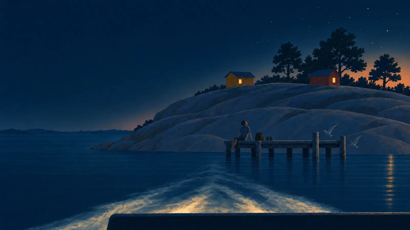 Illustration of a small rocky island in the Oslo fjord at night with a man sitting barefoot at the end of its jetty seen from a departing ferry.
