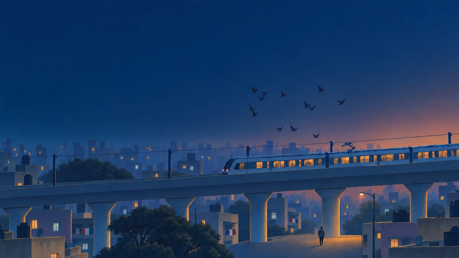 Illustration of the Mumbai Metro on its elevated line near Versova after sunset with its windows lit, pigeons flying over the train and a man walking on the road below.