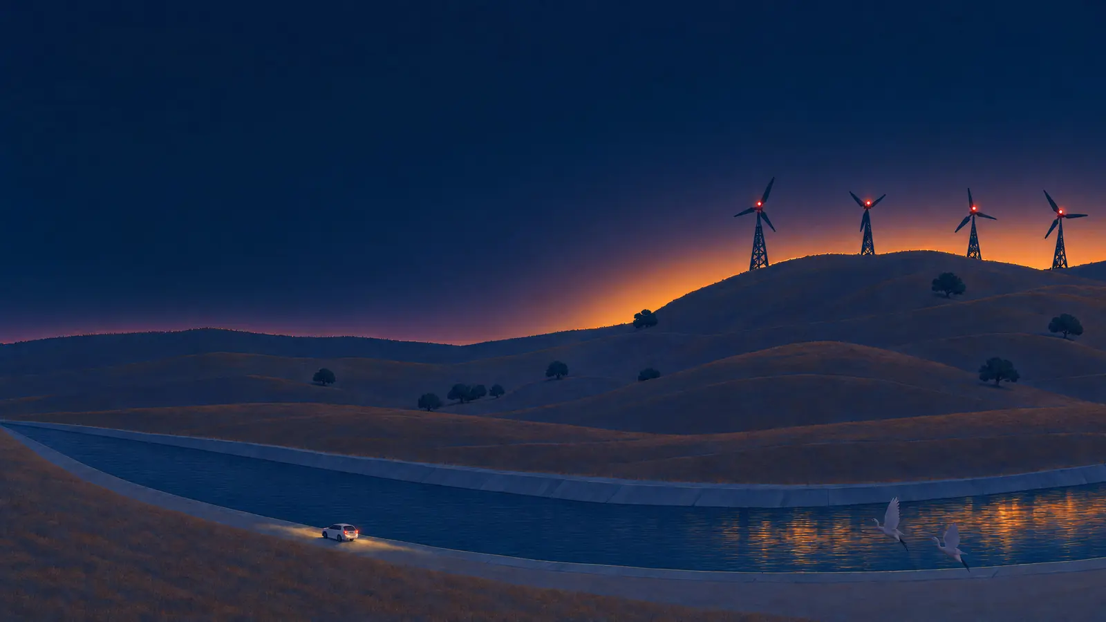 Illustration of the California Aqueduct running through dark hills near the Altamont Pass after sunset with red lights on the wind turbines, a car on the bank with its headlights on and two egrets over the water.