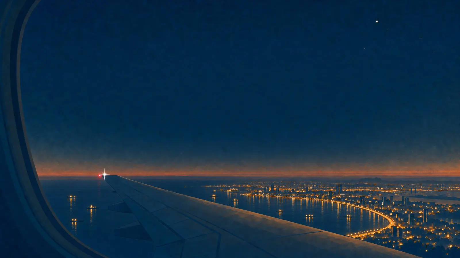 Illustration of the view from an aeroplane window at night, the wing over the sea and the lights of Mumbai curving along the bay.