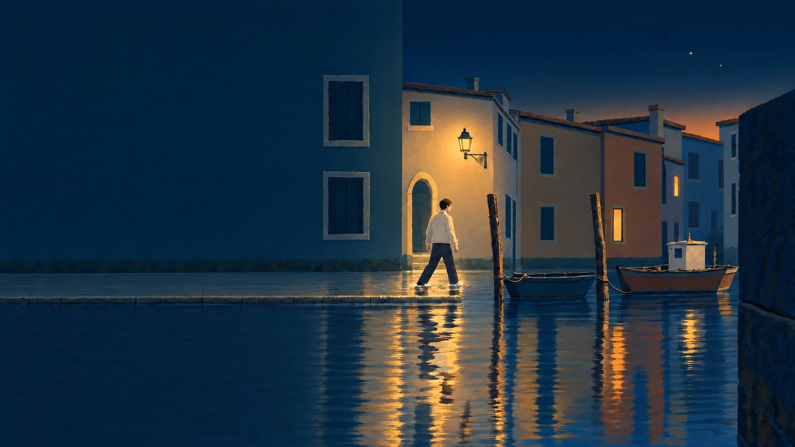Illustration of a man wading along a flooded walkway beside a narrow canal in Venice at night with a wall lamp lit and two boats moored at the posts.