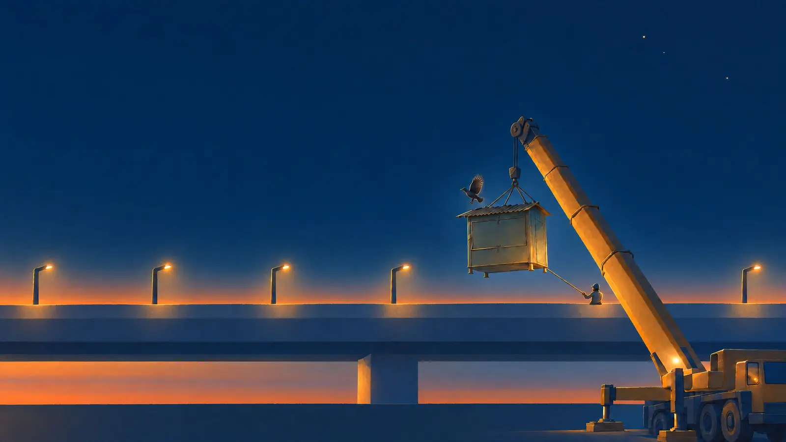 Illustration of a crane lifting a pan shop onto a new flyover in Ahmednagar at dusk with the streetlights on and a man on the flyover guiding it in with a rope.