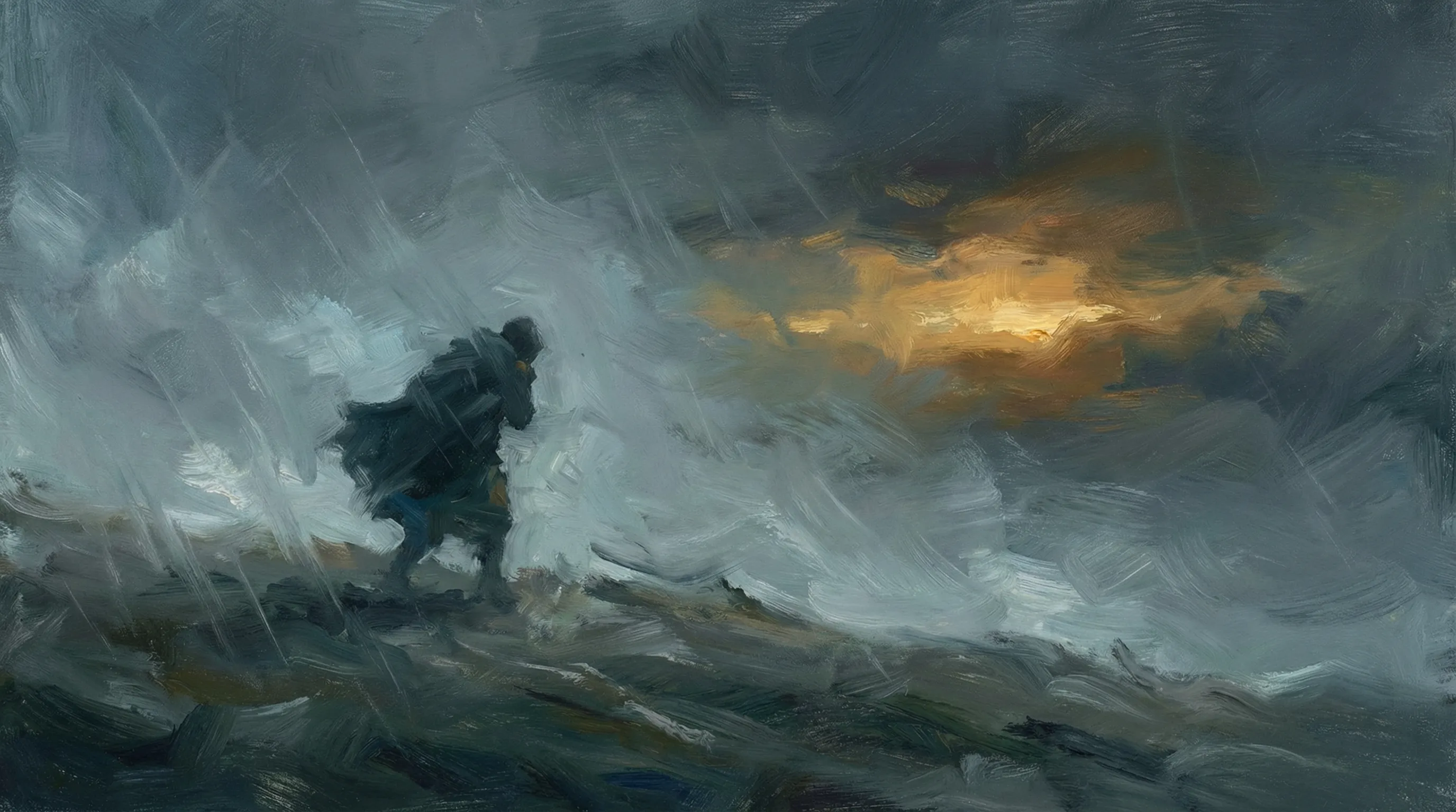 A lone figure walking into the storm toward distant light