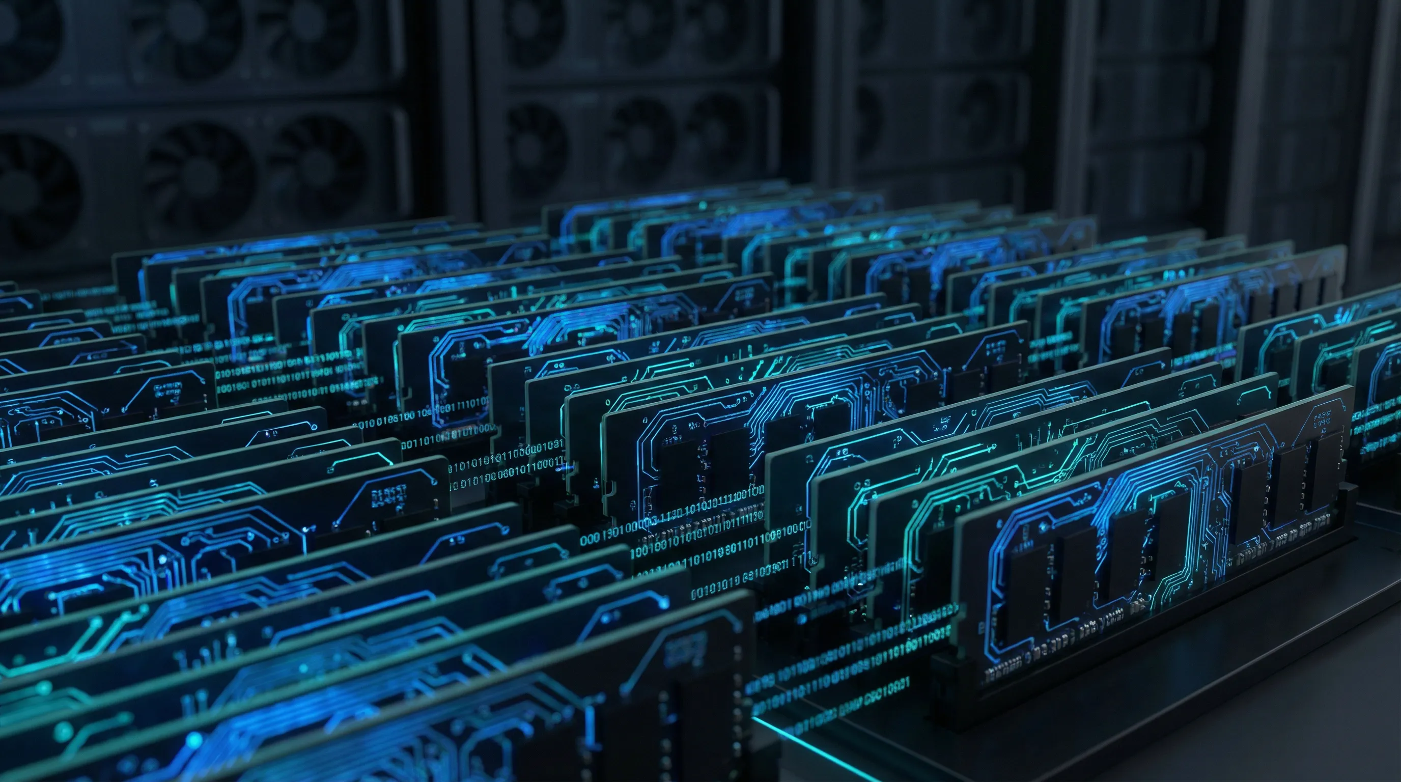 Rows of server RAM modules with glowing blue circuit patterns in a data center